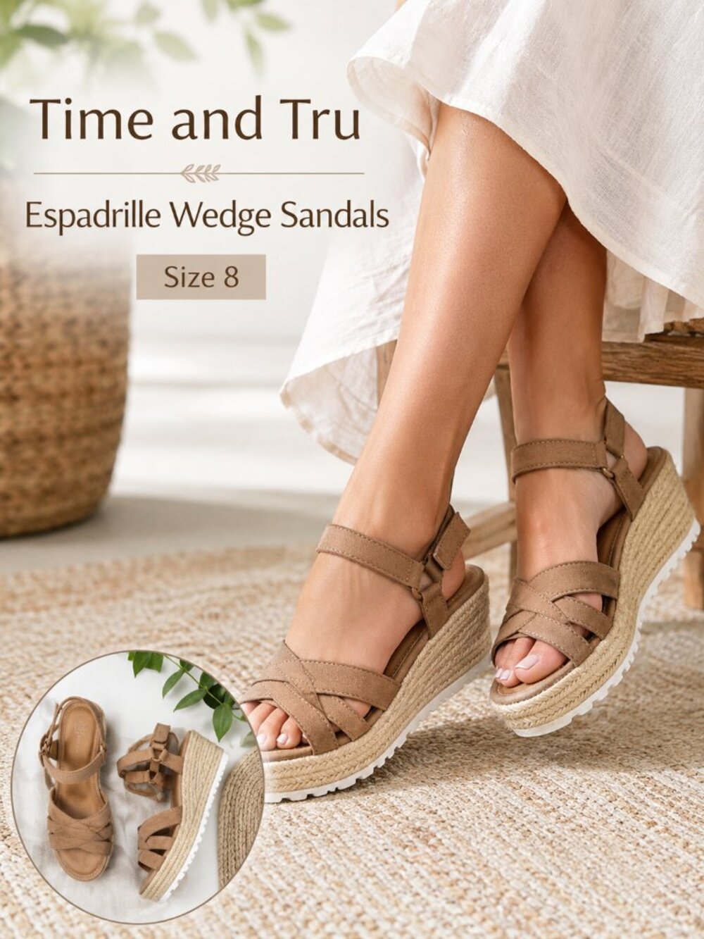 Time and Tru Tan Espadrille Wedge Sandals Size 8 Ankle Strap Memory Foam